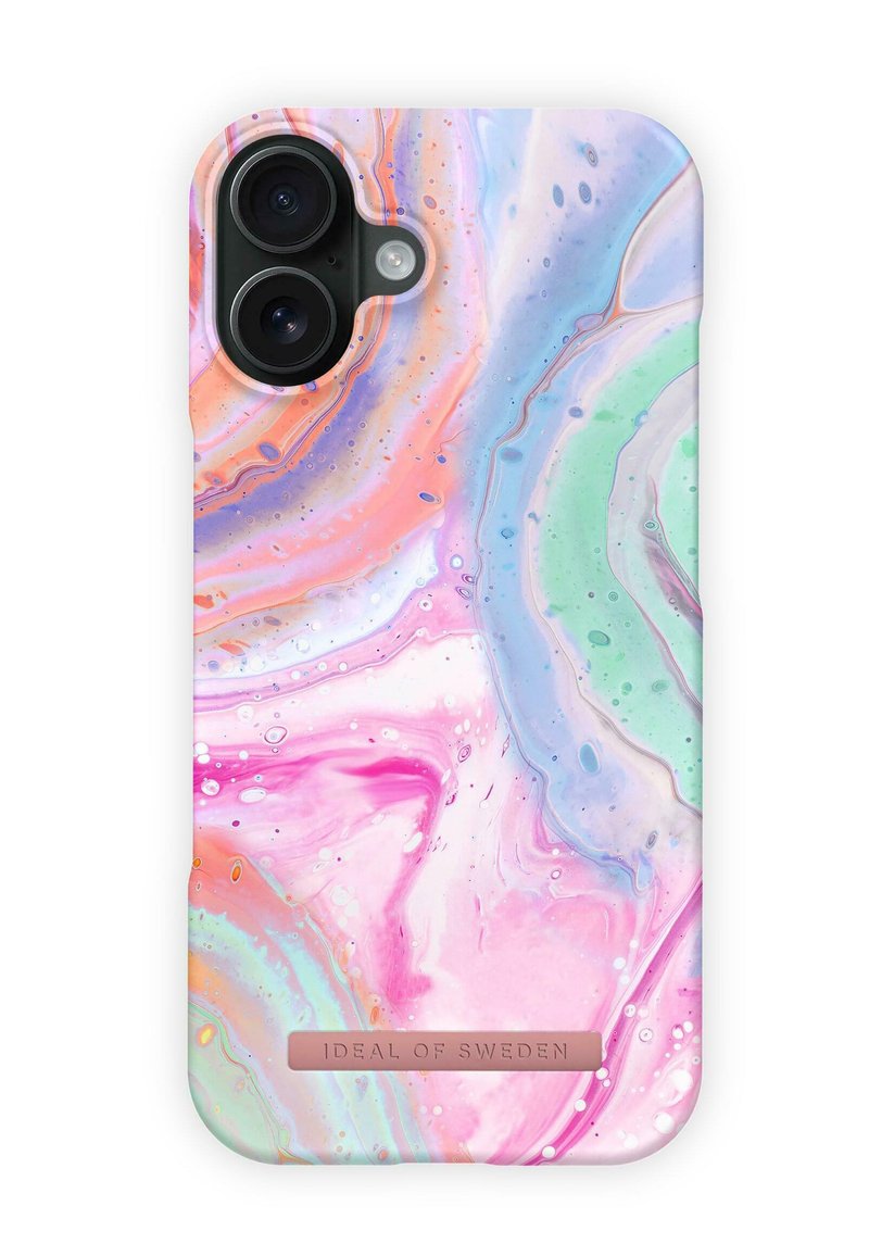 Marmor mønstret telefoncase i pastel farver, med svirlende nuancer af pink, blå og grøn med en glat overflade og et logo akcent nederst.