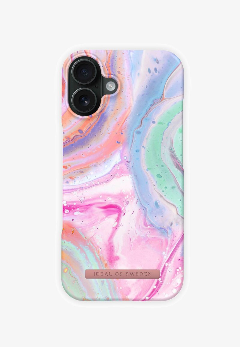 Marmor mønstret telefoncase i pastel farver, med svirlende nuancer af pink, blå og grøn med en glat overflade og et logo akcent nederst.