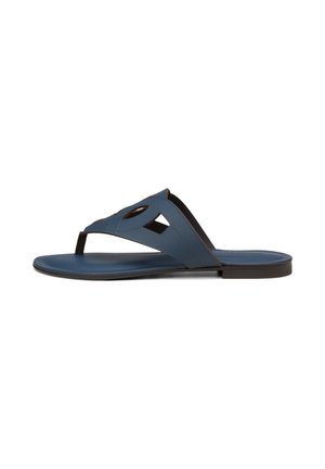 Blue leather flip-flop featuring a rounded toe post, cut-out detailing on straps, and a flat black rubber sole. Smooth texture throughout.
