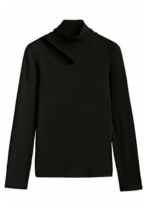 Pull noir à col roulé et manches longues avec une découpe diagonale près de l'épaule gauche, design uni sur fond blanc.