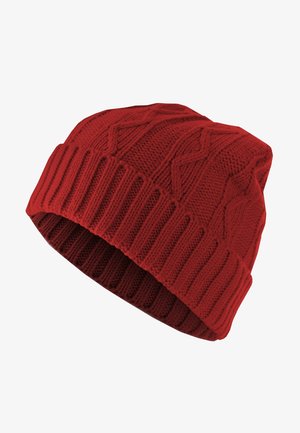 Red knitted beanie featuring a cable pattern, ribbed cuff, and textured body. Made of soft material, suitable for cold weather.