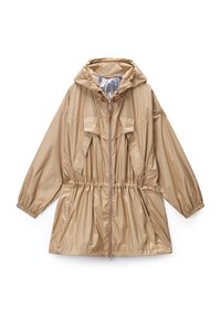 Beige lightweight jacket with a hood, elastic waist, two large front pockets, and a smooth, shiny texture. Front zipper closure with drawstring.