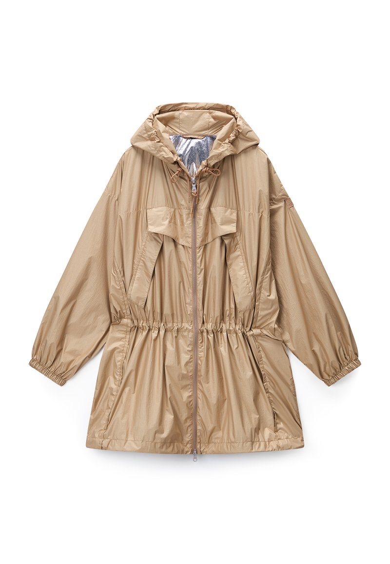 Beige lightweight jacket with a hood, elastic waist, two large front pockets, and a smooth, shiny texture. Front zipper closure with drawstring.