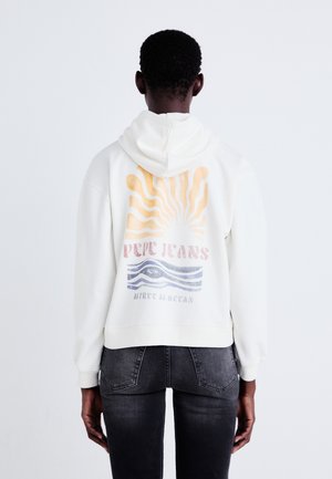 Witte hoodie met een kleurrafische afbeelding van zonnestralen en golven op de rug. Afgewerkt met een trekkoord in de capuchon en ribgebreide manchetten.
