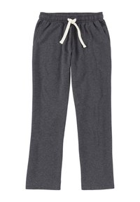 Dunkelgraue Jogginghose aus weichem Baumwollmix. Mit einem elastischen Bund und einer cremefarbenen Kordel sowie seitlichen Taschen. Gerade Schnittführung.