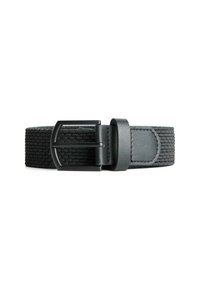 Woven black belt with a textured fabric design, featuring a matte black metal buckle and a smooth leather accent near the buckle.