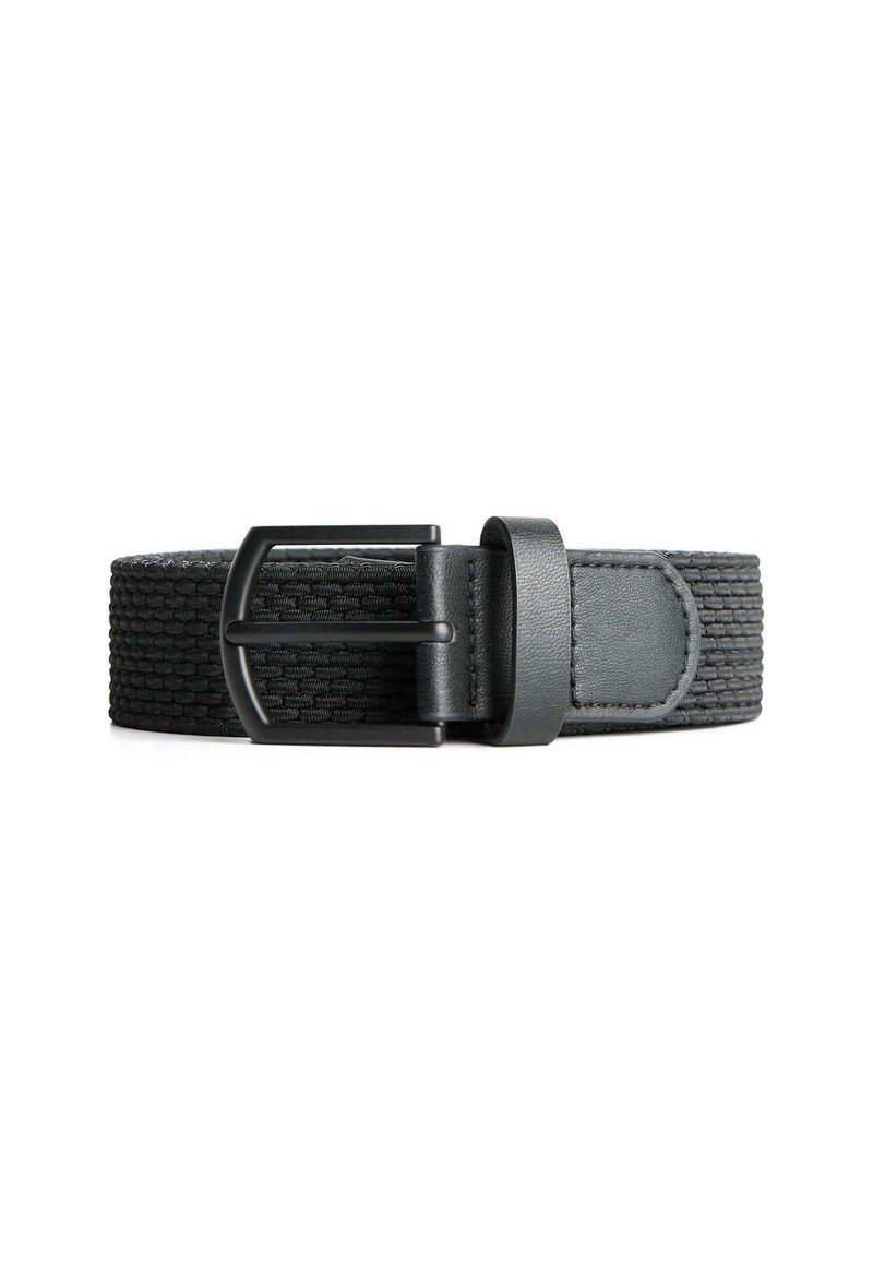 Woven black belt with a textured fabric design, featuring a matte black metal buckle and a smooth leather accent near the buckle.