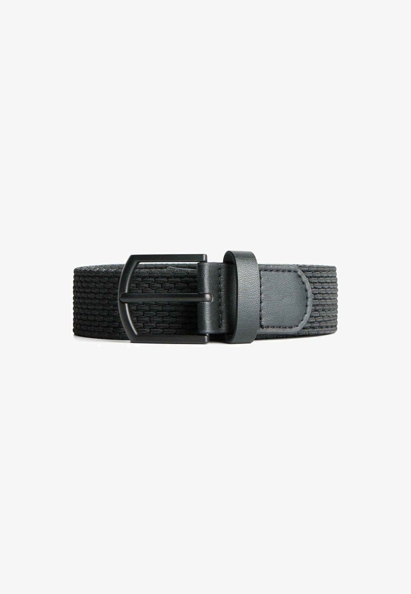 Woven black belt with a textured fabric design, featuring a matte black metal buckle and a smooth leather accent near the buckle.