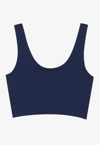 Marineblaue nahtlose Sport-BH mit breiten Trägern und Rundhals-Ausschnitt, konzipiert für Komfort und Unterstützung.