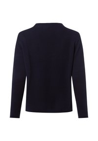 Marineblauer Pullover mit gewebter Textur, langen Ärmeln, rundem Ausschnitt und lockerer Silhouette, mit seitlichen Schlitzen am Saum.