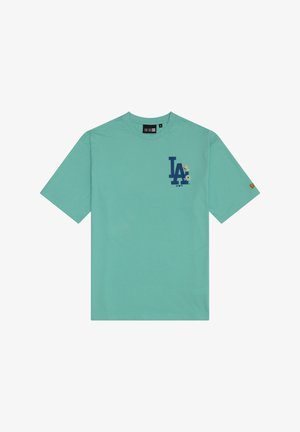 Mintroheline lühikeste varrukatega t-särk, tumelilla "LA" logoga ja vasakul rinnal väikeste kollaste lillemotiividega ning vasakul varrukal väike oranž logo.