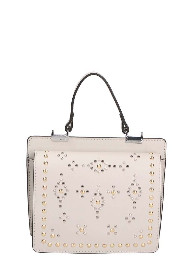 Borsa a mano in pelle beige con forma strutturata, decorata con dettagli in oro e argento in un motivo geometrico. Presenta un manico superiore e una chiusura a scatto.