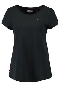 Schwarzes kurzärmliges Tommy Jeans T-Shirt mit rundem Halsausschnitt und kleinem Logo auf der oberen linken Brust.