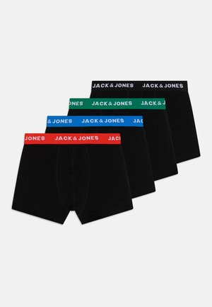 Four pairs of black boxer briefs, each with a different waistband color: red, green, blue, and black, featuring the brand name "JACK & JONES."