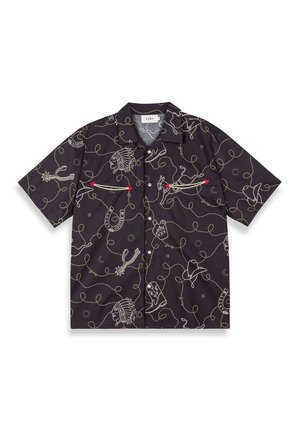 Short-sleeve black shirt with a whimsical pattern featuring line drawings of various icons, including animals and objects, with contrasting colors.