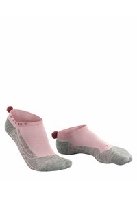 Helle rosafarbene und graue, lågriemige Socken mit ausgeprägter Textur, weichem Stoff und einem kleinen abgerundeten Akzent an der Ferse; mit diagonaler Streifenmuster.