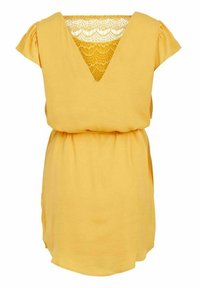 Robe courte jaune avec un col en V et des manches bouffantes. Comprend un détail en dentelle dans le dos et une taille froncée pour une coupe décontractée. Tissu doux au toucher.