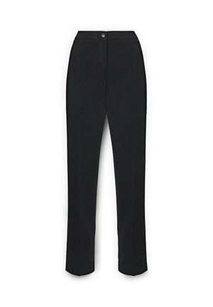 Czarne spodnie o prostym kroju nogawki, z zapięciem na guzik i gładką fakturą tkaniny. Styl minimalistyczny, bez widocznych wzorów.