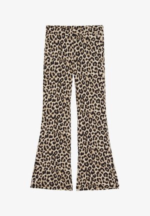 Leopardenmuster-Hose mit weitem Bein in Beige und Schwarz, mit glatter Textur und tailliertem Bund, der ein auffälliges Tiermuster betont.