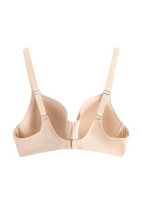 Reggiseno beige con stecche, coppe morbide imbottite, spalline regolabili e chiusura a gancio sul retro. Tessuto morbido al tatto.