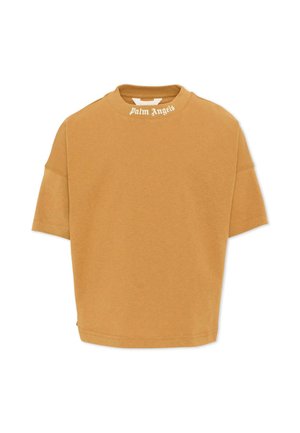 Brązowy, krótkim rękawem T-shirt w kolorze wielbłądzim z okrągłym dekoltem i białym napisem ""Palm Angels"" nadrukowanym wewnątrz kołnierza.