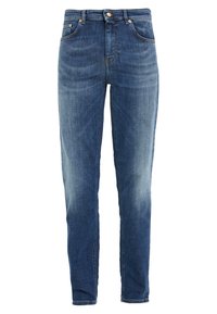 Tummansinisiä farkkuja, joissa on slim fit -malli, viisi taskua, nappikiinnitys ja vaaleita kulutusjälkiä jaloissa.