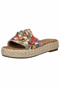 Blomsterstof slide-sandal med en flettet jutesål. Har en sløjfe på overdelen og et åbent tådesign. Farverigt blomsterprint på en beige baggrund.