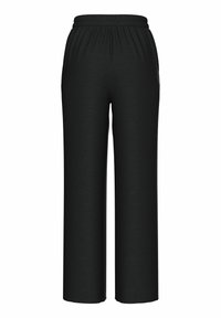 Črne široke hlače z elastičnim pasom, ki imajo teksturirano tkanino in dve stranski žepi. Ohlapen kroj za udobje.