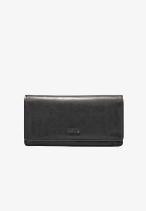 Billetera de cuero negro con una textura suave, forma rectangular delgada y un sutil logotipo en la parte frontal. Cuenta con un cierre magnético a presión.