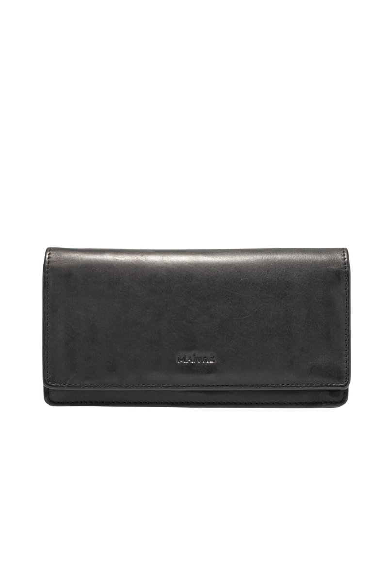 Portefeuille en cuir noir avec une texture lisse, de forme rectangulaire mince et une marque discrète sur le devant. Il comporte une fermeture magnétique.