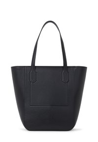 Borsa a tracolla in pelle nera con forma strutturata, due manici e design minimalista, dotata di una tasca anteriore e superficie liscia.
