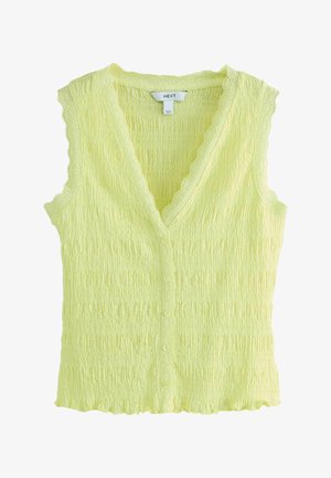 Bezrukávová svetložltá pletená vesta s textúrou, výstrihom do V so zaoblenými okrajmi a prednými gombíkmi.