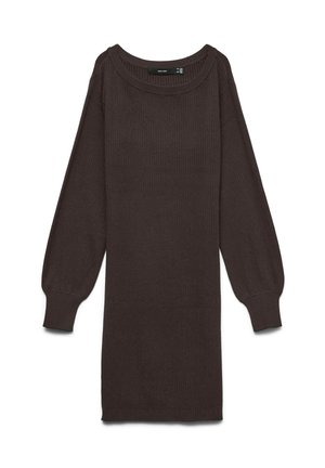 Donkerbruine geribbelde gebreide jurk met lange balloonmouwen en een brede halslijn, met een rechte silhouet en een gestructureerde stof.