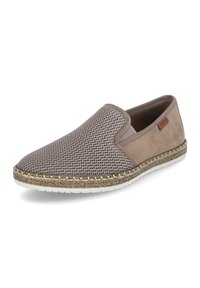 Scarpe slip-on marroni con tomaia in rete testurizzata, dettagli in pelle e intersuola in juta intrecciata. Suola in gomma per la trazione.