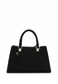 Schwarze Handtasche mit strukturiertem Design, ausgestattet mit einer vorderen Reißverschlusstasche, zwei Tragegriffen oben und goldfarbenen Metallic-Akzenten. Glatte Außenoberfläche.