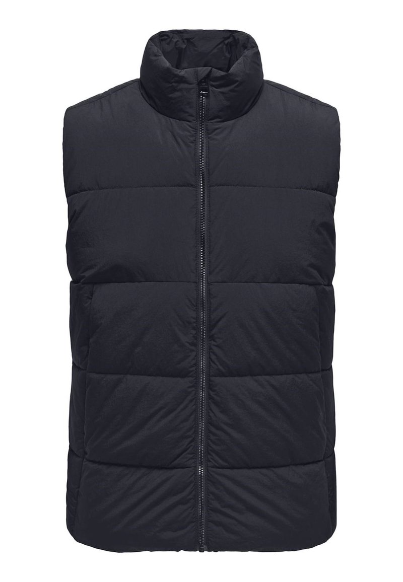 Schwarze Daunenweste mit hohem Kragen, durchgehendem Reißverschluss und gestepptem Muster. Verfügt über ein elegantes, leichtes Design.