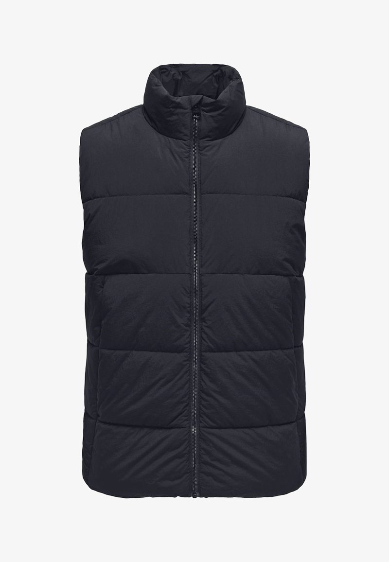 Schwarze Daunenweste mit hohem Kragen, durchgehendem Reißverschluss und gestepptem Muster. Verfügt über ein elegantes, leichtes Design.