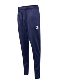 Marineblaue Sporthosen aus glattem Polyester mit einem elastischen Bund und einem weißen Logo auf der oberen rechten Seite. Schmal zulaufendes Design.