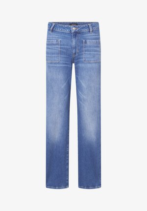 Blue denim jeans with a straight-leg design, light fading, two front pocket details, and a classic waistband with a front button closure.
