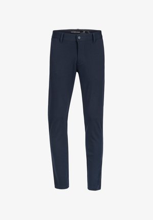 Pantaloni bleumarin dintr-un material moale și elastic, cu închidere printr-un buton, buzunare frontale și un design slim fit.