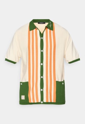 Short-sleeve button-up shirt in cream with green collar and cuffs. Features vertical orange and green stripes and two front pockets.