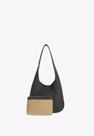 Black textured leather shoulder bag with a wide strap, accompanied by a small beige and black zippered pouch in front.