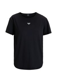 Sort t-shirt med korte ærmer lavet af blød bomuld, med et lille hvidt hjerte-logo på brystet og en rund udskæring med en afslappet pasform.