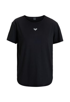 Čierne tričko s krátkym rukávom vyrobené z jemnej bavlny, s malým bielym logom srdca na hrudi a okrúhlym výstrihom s uvoľneným strihom.