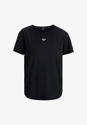 Čierne tričko s krátkym rukávom vyrobené z jemnej bavlny, s malým bielym logom srdca na hrudi a okrúhlym výstrihom s uvoľneným strihom.