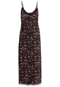 Schwarzes Blumen-Tagkleid mit Spaghetti-Trägern, Spitzendekoration am Ausschnitt und Saum. Mit einem verstreuten, mehrfarbigen Blumenmuster durchzogen.