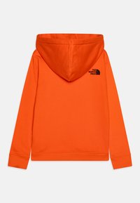 Felpa arancione in cotone, con un grande cappuccio, polsini a coste, vita a coste e un piccolo logo nero sulla parte superiore della schiena.