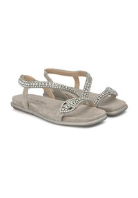 Grijze suède sandalen met strasaccenten. Bevatten een T-bandontwerp, vlakke zool en een gestructureerde voetbed voor comfort.