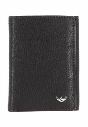 Black textured leather wallet with folded design and small silver emblem in the bottom right corner.