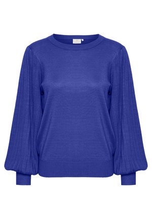 Blauwe gebreide trui met ribbelmouwen, ronde halslijn en een relaxte pasvorm. Soepele textuur met een lichte glans, geschikt voor casual wear.